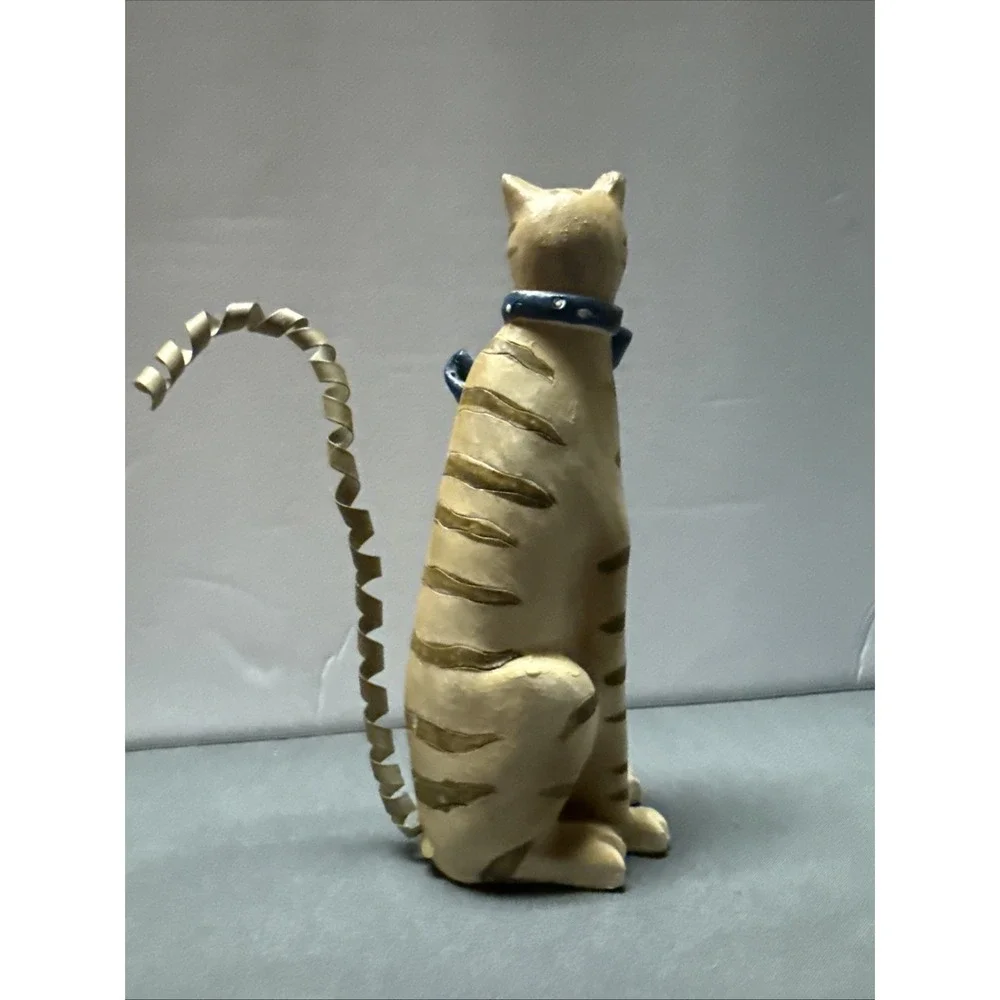 Folk Art Striped Tabby Cat Figurine 6 In Blue Bow Spring Metal Tail